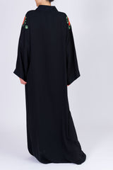 Feradje Black Open Abaya with Red Flowers on Shoulders