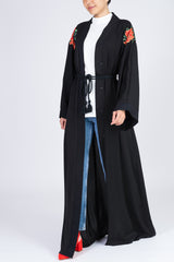 Feradje Black Open Abaya with Red Flowers on Shoulders