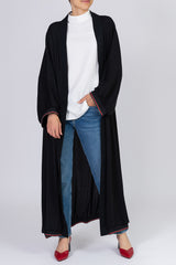Feradje Open Black Abaya with Stripes on Sleeves and Hem in Silk