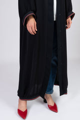 Feradje Black Open Abaya with Stripes on Sleeves and Bottom in Silk