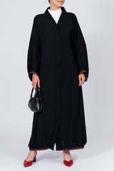 Feradje Closed Black Abaya with Stripes on Sleeves and Hem in Silk