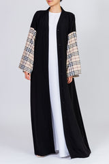 Feradje Black Open Abaya with Checkered Sleeves in Silk