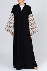 Feradje Black Closed Abaya with Checkered Sleeves in Silk