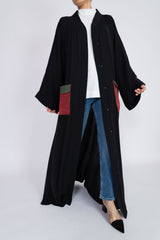 Feradje Open Black Abaya Colourful Pockets