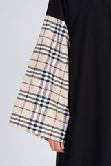 Feradje Black Abaya with Beige Checkered Sleeves in Silk