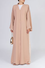 Feradje Pink Closed Abaya with Side Lace in Silk