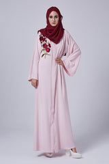 Feradje Closed Pink Abaya with Red Flowers on Right Chest in Silk