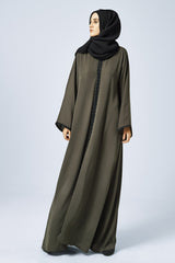Feradje Closed Olive Green Abaya with Black Lace in Silk