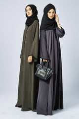 Feradje Closed Olive Green Abaya with Black Lace in Silk