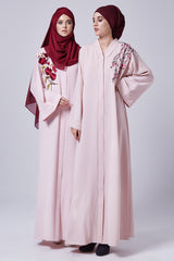 Feradje Closed Pink Abaya with Red Flowers on Right Chest in Silk