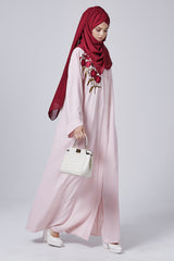 Feradje Closed Pink Abaya with Red Flowers on Right Chest in Silk