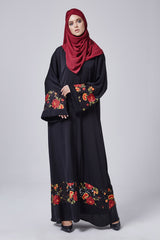 Feradje Black Closed Abaya with Red Flowers and Lace on Sleeves & Bottom Hemline in Silk
