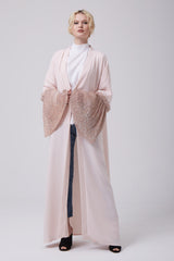 Feradje Open Pink Abaya with Shimmery Sleeves in Crepe