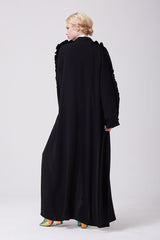 Black Open Front Abaya with Frills on Shoulders in CrepeFeradje Black Open Abaya with Frills on Sleeves