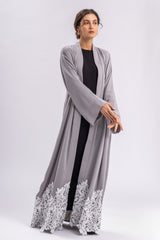 Grey Open Abaya White Lace FERADJE