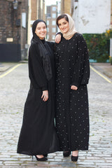 Feradje Black Closed Abaya with White Pearls in SIlk