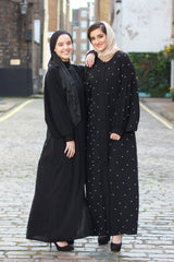 Feradje Black Closed Abaya with Pearls in Silk