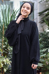 Feradje Black Closed Abaya with Pearls in Silk