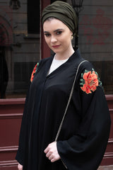 Feradje Black Abaya Red Flowers Shoulder