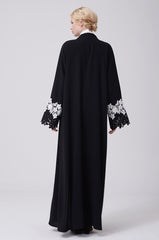Feradje Black Open Abaya with White Lace on Sleeves in Crepe