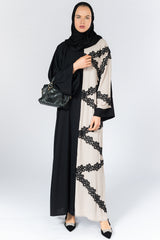 Feradje Black Closed Abaya with Beige Front and Lace in Nida