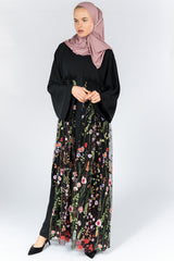Feradje Black Closed Abaya with Floral Net on Front in Silk