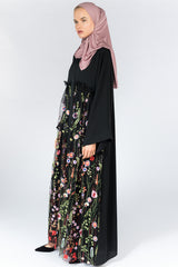 Feradje Black Closed Abaya with Floral Net on Front in Silk