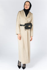 Feradje Open Beige Pleated Abaya with Collar