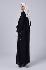 Feradje Black Closed Abaya with Diamond Gemstones in Nida