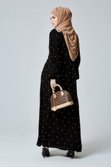 Feradje Black Closed Abaya with White Pearls in SIlk