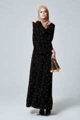 Feradje Black Closed Abaya with White Pearls in SIlk