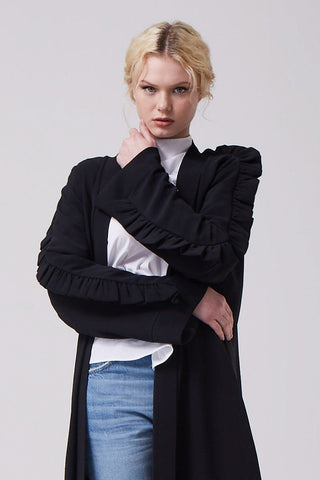 Feradje Black Open Abaya with Frills on Sleeves