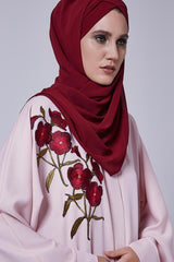 Feradje Closed Pink Abaya with Red Flowers on Right Chest in Silk