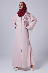 Feradje Pink Abaya with Flowers on Chest in Silk