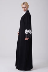 Feradje Black Open Abaya with White Lace on Sleeves in Crepe