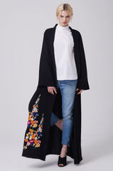 Feradje Black Open Front Abaya with Flowers on Bottom Front in Crepe